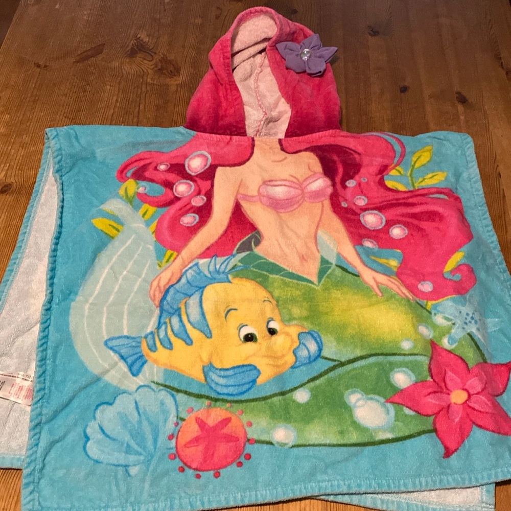 Disney the Little Mermaid Ariel Flounder Hooded Kids Toddler Swim Coverup Poncho